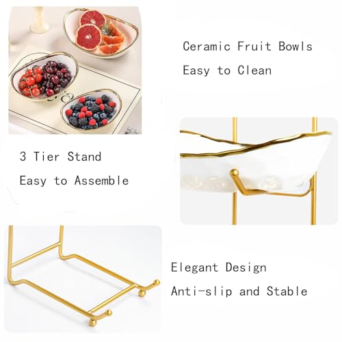 2-Tier Fruit Bowls for Kitchen Counter,Ceramic White Bowl with Gold Metal Stand,2 Tier Fruit Basket for Fruit,Snack,Cake,Nuts,Dessert Space Saving Storage - color: Gold&White
