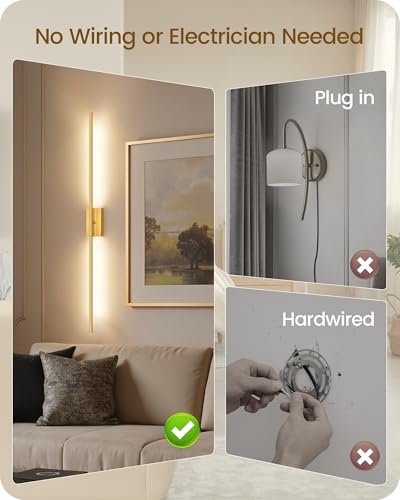 39.4" Wireless Battery Operated Wall Sconces Set of 2, Modern Rechargeable Lamp with Remote, 360° Rotation, 10000mAh, Touch Dimmable Lights for Bedroom, Living Room, Hallway, Gold D07YBP205 - color: Gold, size: 39.4 Inches