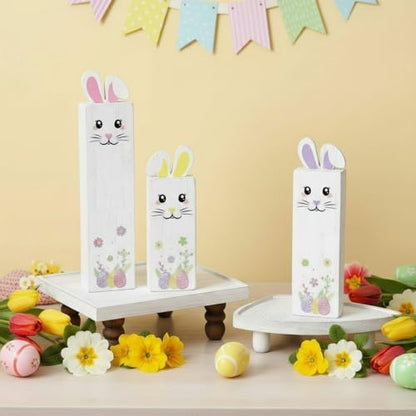 BBTO 3 Pcs Easter Table Decor Bunny Wooden Tiered Tray Decor Rabbit Tabletop Decoration Block Sign Table Centerpiece for Spring Home Decoration Home Shelf Office Kitchen Desk Party Supply(Bunny) - style: Bunny