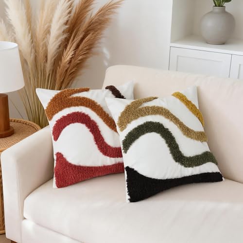 Boho Tufted Abstract Throw Pillow Covers 18x18 Inch, Orange Red - color: Warm Ember Flow Tufted