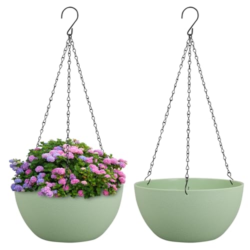 Meowell 10 inch Hanging Planters Plant Pots for Indoor Outdoor Plants, 2 Pack Hanging Flower Pots with Drainage Holes and Chain for Garden Porch, Plastic Hanging Baskets for House Plants, Green - color: Green, size: 10inch 2pcs