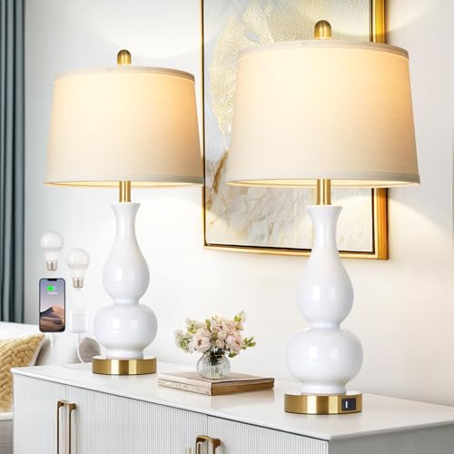 CINSARY 27" Double Gourd Ceramic Table Lamps Set of 2, Modern White Bedroom Lamp with USB A+C Ports, Elegant Bedside Lamp for Nightstand, Tall Lamps for Living Room Side End Table Home Decor - color: White