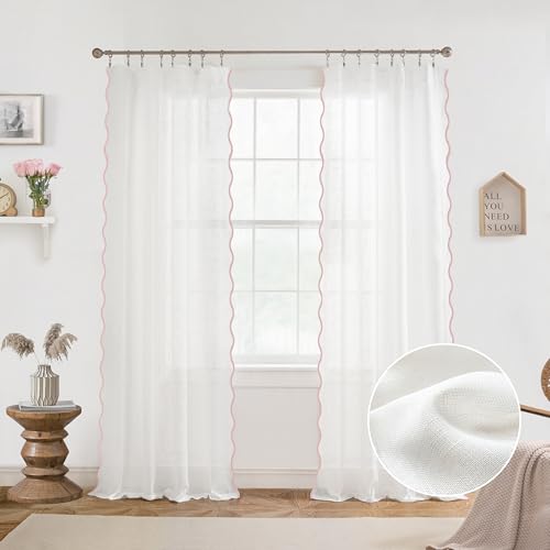 DriftAway Semi Sheer Scalloped Edge White Coastal Beach Window Curtains for Living Room Bedroom 2 Panels Rod Pocket Each Size 52 Inch by 84 Inch Pink - color: White Pink, size: 52"W x 84"L (Pack of 2)
