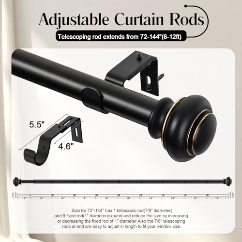 SIMEWIN Heavy Duty Window Curtain Rods, 72-144 Inches, Black with Gold Finials, Adjustable for Bedroom, Living Room, Patio - color: Black, size: 28"-144"