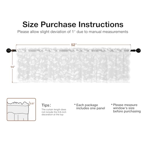 Rinwoc White Lace Semi-Sheer Kitchen Valance Curtains – Vintage Leaf Lace Tiers for Bedroom, Privacy Light Filtering Rod Pocket Window Valances, Elegant Scalloped Valances 1 Panel, 52W x 14L Inch - color: White Leaf, size: 52"W x 14"L (Pack of 1)