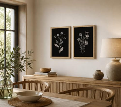 2Pcs Framed Canvas Botanical Wall Art Black Floral Print 12x16 Inch - color: Blackened flowers, size: 16"L x 12"W
