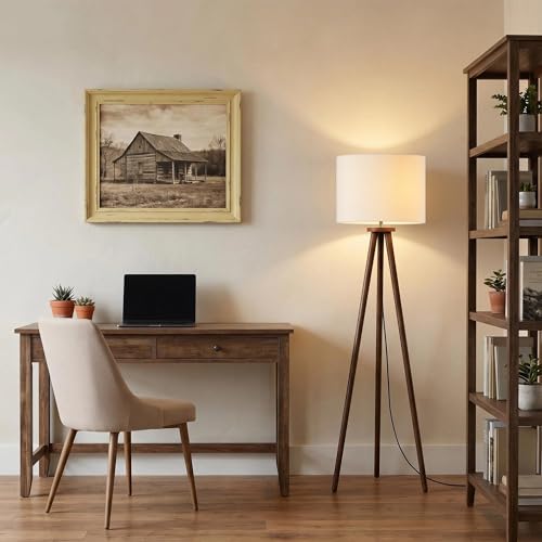 Buruis 60.6 Inch Walnut Wood Tripod Floor Lamp with Linen Drum Shade, Beige - color: Beige