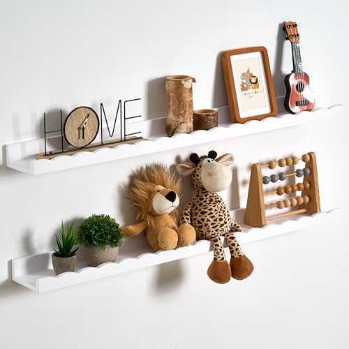 Fun Memories 40in Scalloped Nursery Book Shelves, Solid Pine Wood Floating Shelves for Wall, Kids Room Wall Shelves for Bedroom, Toddler Room & Baby Nursery Decor, Set of 2 - color: White, size: 40", Set of 2