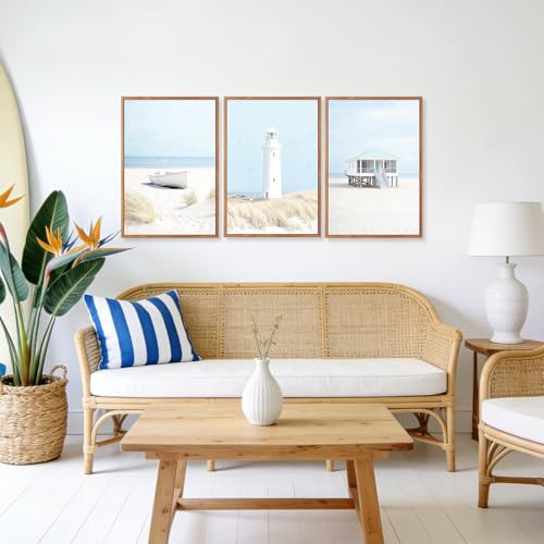 Aurlan 3 Pcs Blue Beach Coastal Framed Canvas Wall Art 16x24 Inch - color: Blue Coastal Beachy Seascape, size: 16"L x 24"W