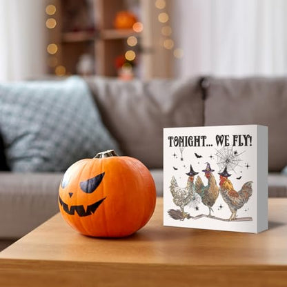 Funny Halloween Witchy Chicken Decor Tonight We Fly Wooden Box Sign - color: Chicken Halloween