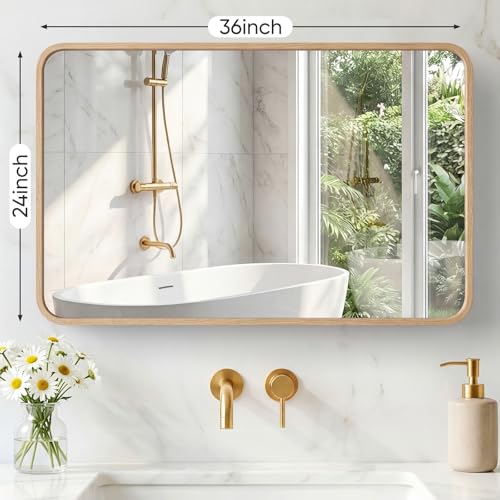 Sweetcrispy Bathroom Mirror 36x24 Inch, Vanity Mirror for Wall - color: Wood, size: 36"L x 24"W