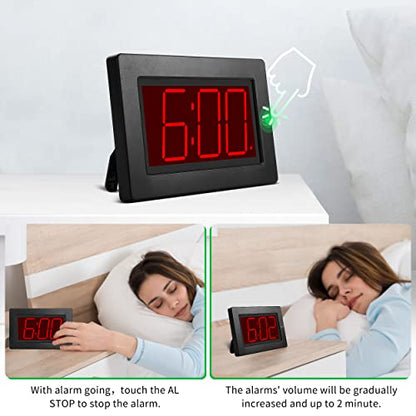 Alarm Clock,3" LED,3-level Brightness,Battery Operated,Wall-mount/Table-top - color: Black Case-red Led Digit