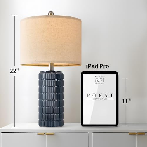 PoKat 23" Blue Table Lamps, Farmhouse Bedside Lamps for Bedroom Set of 2, Ceramic End Table Lamps for Living Room, Traditional Nightstand Desk Lamps, Medium - color: Dark Blue