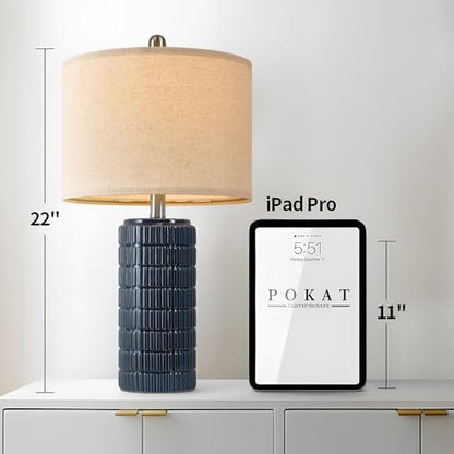 PoKat 23" Blue Table Lamps, Farmhouse Bedside Lamps for Bedroom Set of 2, Ceramic End Table Lamps for Living Room, Traditional Nightstand Desk Lamps, Medium - color: Dark Blue