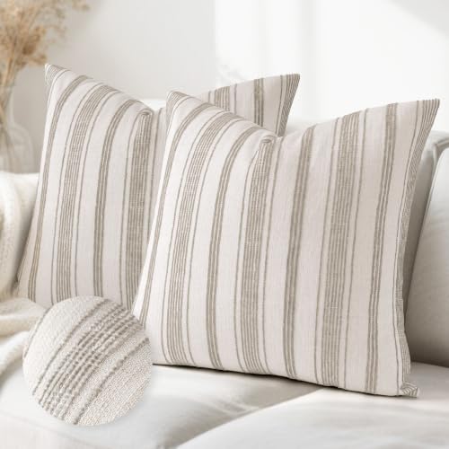 AELS 24x24 Decorative Farmhouse Linen Throw Pillow Covers, Beige with Brown Chenille Striped Pillow Case, Set of 2, Boho Textured Cushion Cover for Sofa Couch Living Room (Cover ONLY) - color: Beige With Brown, size: 24" x 24" (Pack of 2)