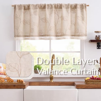 jinchan Linen Valance Curtain Beige Sheer Leaf Embroidered 18 Inch 1 Panel - color: Leaf Beige