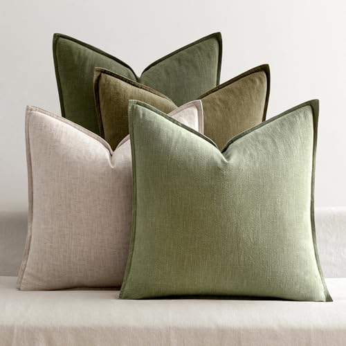 MIULEE Green and White Boho Linen Pillow Covers 18x18 Inch Pack of 4 - color: Green and White, size: 18" x 18" (Pack of 4)