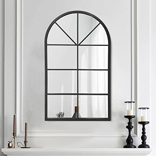 42"x 24" Arched Mirror, Window Wall Mirror, Vanity Mirrors, Metal Framed, Arched-Top Farmhouse Mirrors, Rustic Decorative Mirror (Black) - color: Window Mirror-black, size: 42"L x 24"W