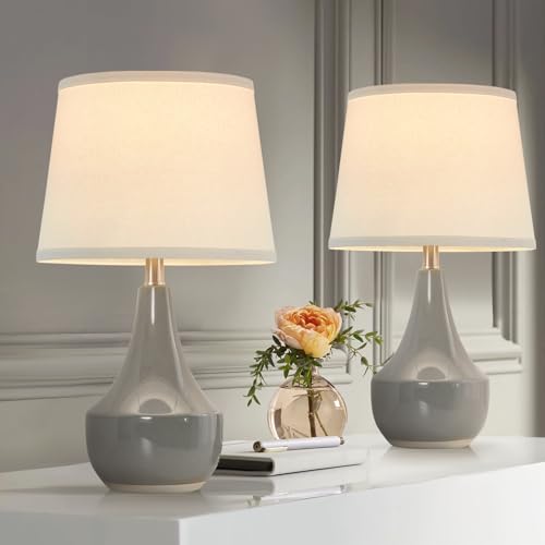 GyroVu 18" Table Lamp Set of 2, Ceramic Table Lamp Classic Beside Lamps Nightstand Lamp Modern Lamp for Living Room, Bedroom & Office Rocker Switch Grey-LED Bulbs Included - color: 18.63" Grey