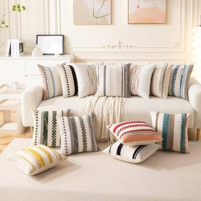 Boho Throw Pillow Covers Decorative Neutral Farmhouse Pillow case - color: Yellow-blue Stripe