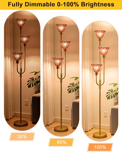 Glass Floor Lamp 66IN 3-Light Modern Red Glass Gold Dimmable Floor Lamps - color: Deep Red Flower-Gold