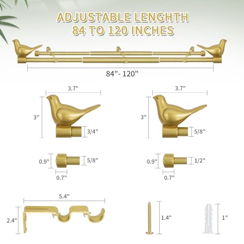 3/4" Diameter Farmhouse Double Window Treatment Curtain Rod, Bird Finials (84"-120", Gold) - color: Gold, size: 84"-120"