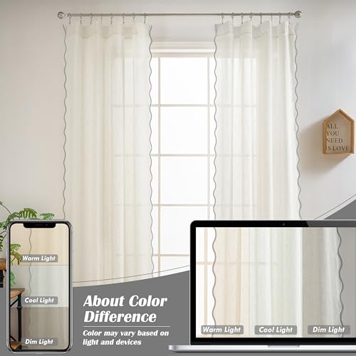 DriftAway Semi Sheer Scalloped Edge Linen Coastal Beach Window Curtains for Living Room Bedroom 2 Panels Rod Pocket Each Size 52 Inch by 63 Inch Gray - color: Linen Gray, size: 52"W x 63"L (Pack of 2)