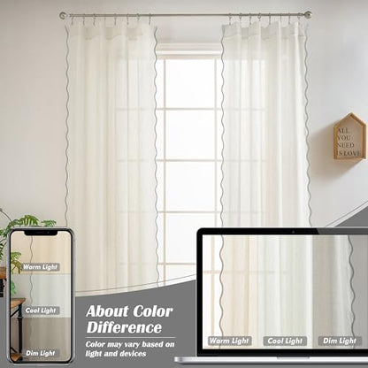 DriftAway Semi Sheer Scalloped Edge Linen Coastal Beach Window Curtains for Living Room Bedroom 2 Panels Rod Pocket Each Size 52 Inch by 63 Inch Gray - color: Linen Gray, size: 52"W x 63"L (Pack of 2)
