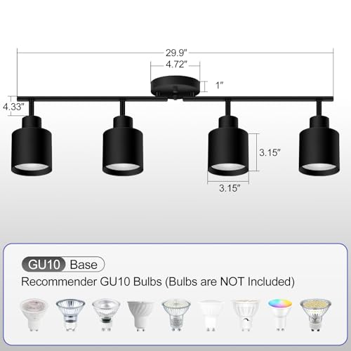 4-Light Led Track Lighting,Black Ceiling Lighting Fixtures,Wall Sconces Ceiling Spotlight with Foldable Light Arms for Kitchen, Closet, Bedroom,GU10 Socket, Bulbs Not Included - color: 4 light Black