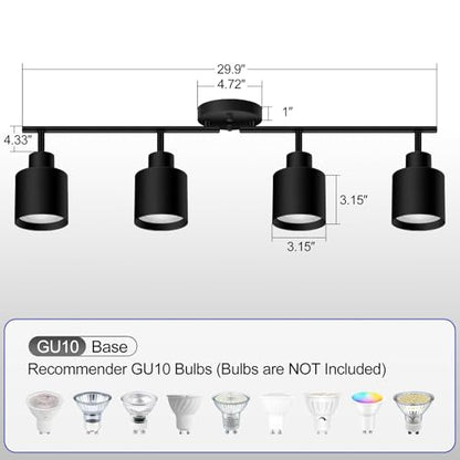 4-Light Led Track Lighting,Black Ceiling Lighting Fixtures,Wall Sconces Ceiling Spotlight with Foldable Light Arms for Kitchen, Closet, Bedroom,GU10 Socket, Bulbs Not Included - color: 4 light Black