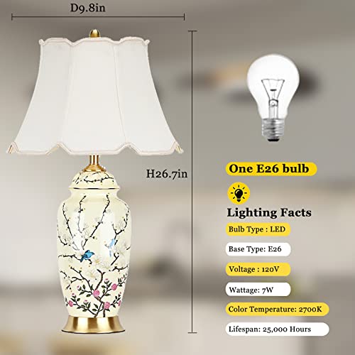 Flower Bird Ceramic Table Lamp, Rustic Vintage White 26.7" Tall Coastal Bedside lamp, Ceramic Lamp Body with Fabric Tapered Drum Shade for Living Room Bedroom House Bedside Nightstand Home