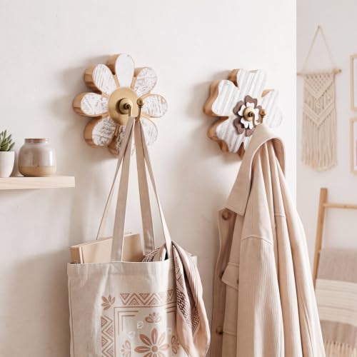 AceOrbit 2 Pcs Farmhouse Boho Flower Coat Hooks Distressed Wooden Wall Hook