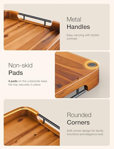TIDITA 17"x13" Rectangular Wooden Serving Tray, Metal Handles Ottoman Tray - color: Acacia Color, size: 17" x 13" x 2"