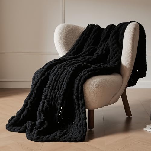 WESHIONGOO Chunky Knit Blanket Throw for Couch Bed 51"×63" Black - color: Black, size: 51"x63"(Large Size Throw)