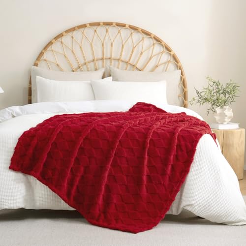 Red Fleece Throw Blanket for Couch Sofa 60”x80” with Diamond Checkered - color: Red, size: Twin(60"x80")