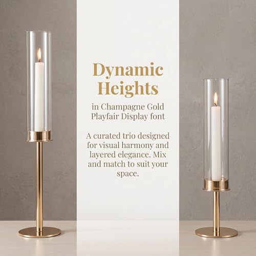 Gold Hurricane Candle Holders Set of 3, Tall Metal Windproof Glass Taper Candle Holder for Candelabra Centerpieces for Dining Table, Wedding, Party & Fireplace Mantel Decor
