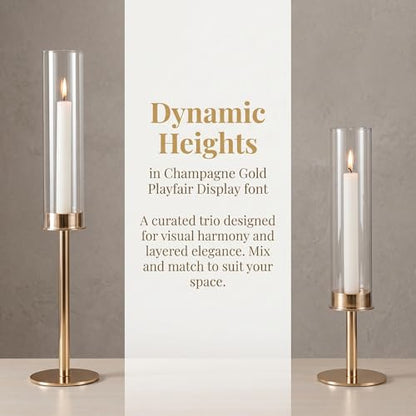 Gold Hurricane Candle Holders Set of 3, Tall Metal Windproof Glass Taper Candle Holder for Candelabra Centerpieces for Dining Table, Wedding, Party & Fireplace Mantel Decor