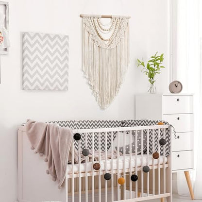 Beige Macrame Wall Hanging Handmade Tapestry with Chic Wooden Beads Tassels