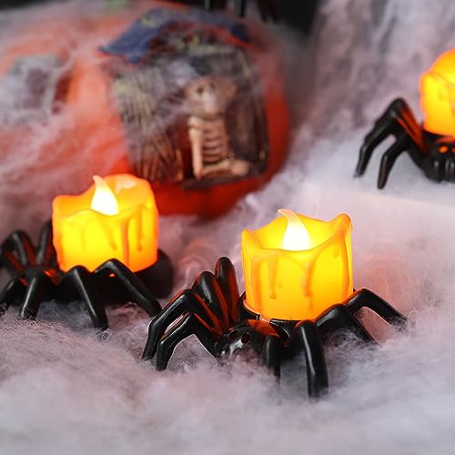 YBB 6 Pcs Halloween Spider Tea Lights, Novelty LED Flameless Spider Candle Holder Battery Operated Orange Tea Lamps for Halloween Party Table Home Spooky Decor
