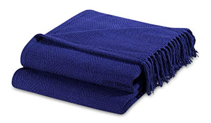 Luxurious Hand Woven Cozy Warm 100% Combed Cotton All Season Indoor Outdoor Light Weight Fade Resistant Couch Chair Bed Throw Blankets Batik 50x60 Inch Set of 2 (Navy) - color: Navy