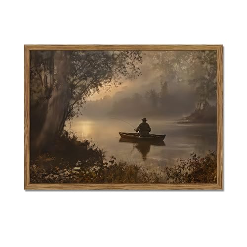 Vintage Fishing Wall Art Dark Cottagecore Hunting Wall Decor Moody Fishing in the Lake Forest Landscape Canvas Painting Prints for Farmhouse Living Room Bedroom 10x8 inch Wood Framed - color: Fishing, size: 10"L x 8"W