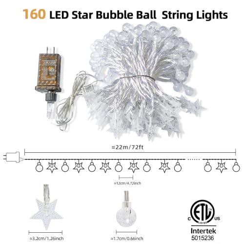 Crystal Globe & Star String Lights Plug in - 72 FT 160 LED Star Fairy String Lights with Remote Control Timer Waterproof Indoor Outdoor Hanging Globe Lights for Bedroom Wedding Party Patio Warm White