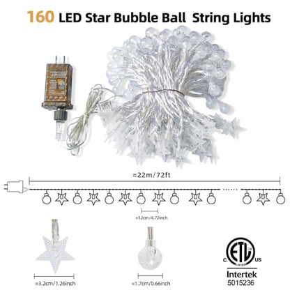 Crystal Globe & Star String Lights Plug in - 72 FT 160 LED Star Fairy String Lights with Remote Control Timer Waterproof Indoor Outdoor Hanging Globe Lights for Bedroom Wedding Party Patio Warm White