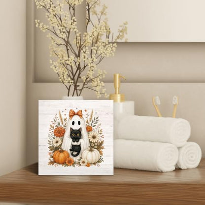 Halloween Fall Ghost Black Cat Pumpkin Wood Box Sign Desk Decor 5X5 - color: Ghost
