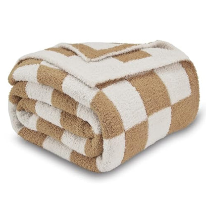 CozeCube Beige White Reversible Checkered Knit Throw Blanket 50"x60" - color: Khaki Tan, size: 50"x60"