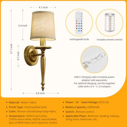 Rechargeable Wall Sconces Set of 2, Antique Brass Wall Lamps with Linen Shade, 10000mAh Battery Operated Wireless Lights, No Hardwiring Required, for Bedroom & Living Room