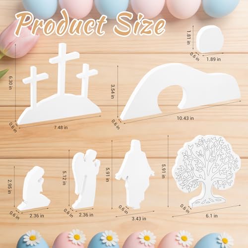 APUDW 7 Pcs Easter Scene and Cross Decoration White Wooden Empty Tomb Resurrection Scene Tabletop Display Christian Religious Jesus Nativity Set for Easter Holy Week Home Office Church Tray Shelf