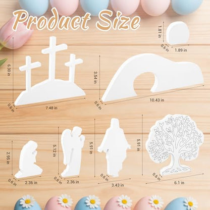 APUDW 7 Pcs Easter Scene and Cross Decoration White Wooden Empty Tomb Resurrection Scene Tabletop Display Christian Religious Jesus Nativity Set for Easter Holy Week Home Office Church Tray Shelf