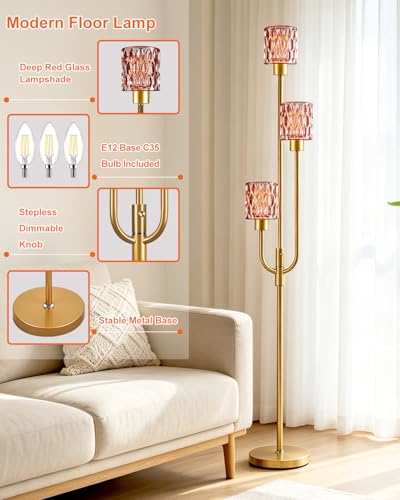 66IN Glass Floor Lamp 3-Light Modern Red Glass Gold Dimmable Floor Lamps - color: Deep Red Cylinder-Gold