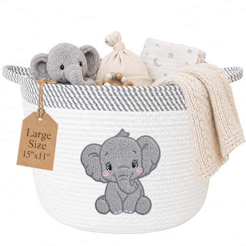 Elephant Baby Storage Basket, Woven Cotton Rope Nursery Bin, 15x11 in - color: Neutral Elephant